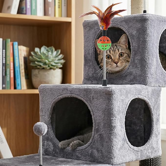 Cat Tree Tower for Indoor Cats, Cat Tree with 3 Spacious Cat Houses & Condos, Full Sisal Scratching Posts and Cat Scratcher Toys，Grey