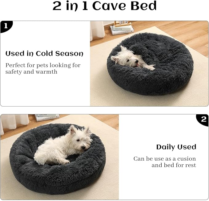 Calming Donut Dog Bed with Hooded Blanket – Plush Fluffy Cave Bed for Small & Medium Dogs, Machine Washable Anti-Anxiety Pet Bed for Cats