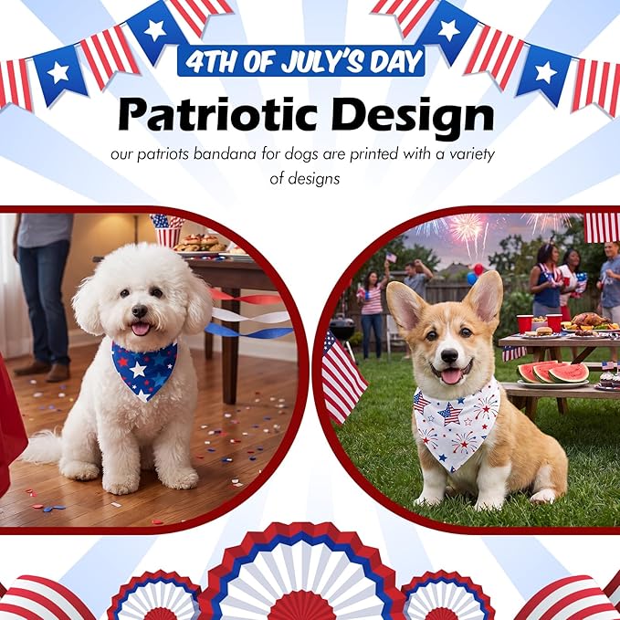 Weewooday 50 Pcs 4th of July Dog Bandanas Bulk for 1776 Patriotic 250th Anniversary Star Red White and Blue Independence Day Flag Scarf for Small Medium Large Outfit(Star, 19.7 x 13.8 x 13.8 Inch)
