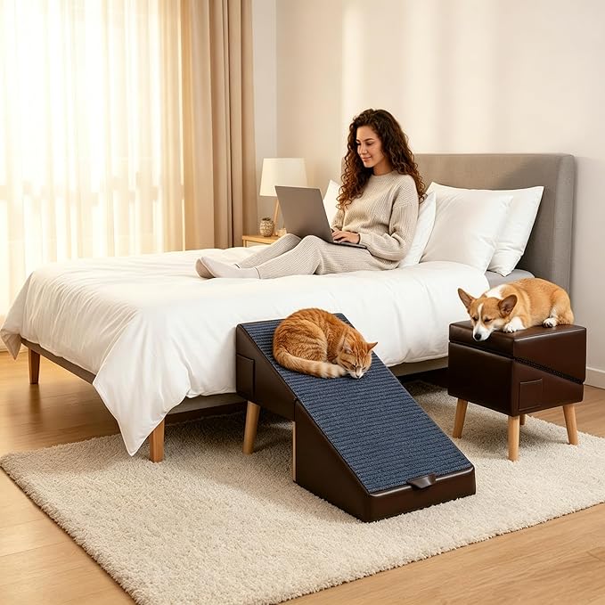 Dog Ramp for Small Dogs, 13.5" H-16 Wide Foldable Dog Stairs Ottoman for Bed and Couch,2 in 1 Pet Ramp & Steps,Split Ottoman Design,Non-Slip Wooden Pet Stairs for Puppy Senior Injured Dogs & Cats