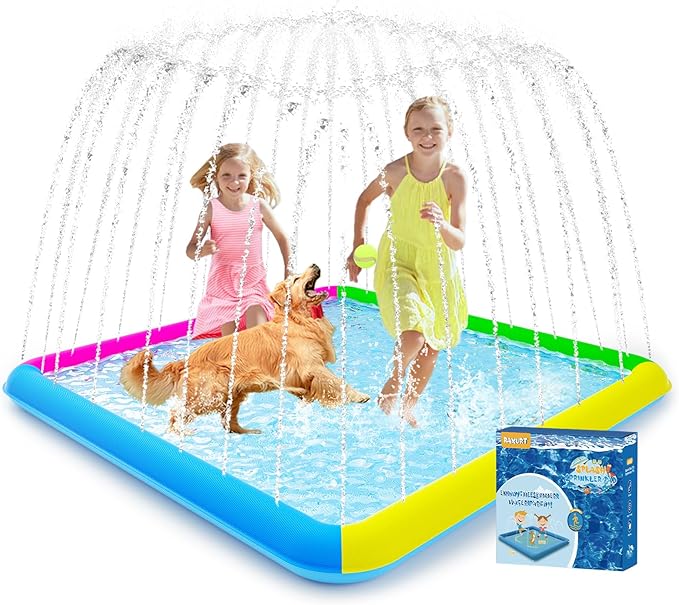 Raxurt Splash Pad, 97"- 72" Non-Slip Splash Pad for Kids and Dogs, Thickened Durable Square Dog Pool with Sprinkler Summer Outdoor Water Toys for Toddler Girls Boys Children Pet (Colorful)