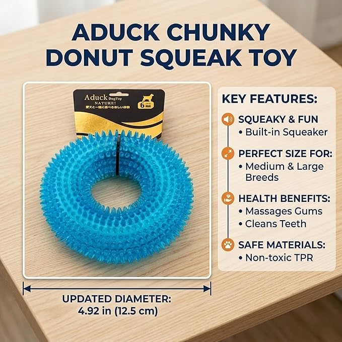 ADUCK Dog Squeaky Chew Toys for Aggressive Chewers, Small Medium Large Dogs Teeth Cleaning Soft Natural Rubber Float Toy for Indoor Outdoor Water Pool, Donut Ring Design 4.92 inch, Crystal Blue