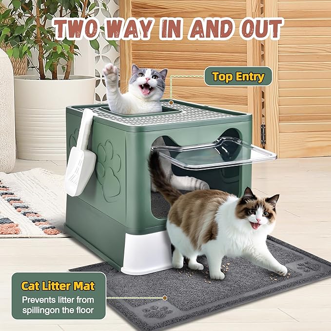 Covered Cat Litter Box with Litter Mat, Foldable Extra Large Dual Entry Adjustable Door, Drawer Design Enclosed Kitty Litter Box, Odor Control Anti-Splashing Easy Cleaning (Green)