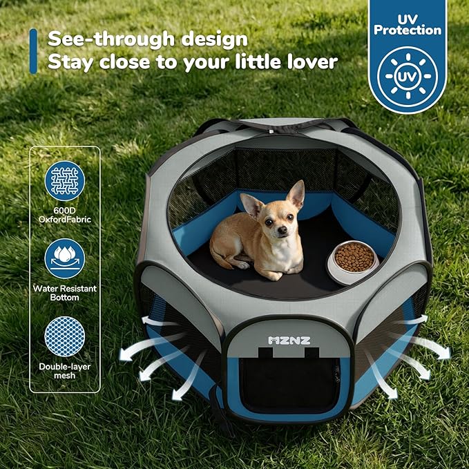 Dog Cat Playpen, Portable Small Animal Playpen Crate Indoor for Dogs Cats Rabbits, Foldable Guinea Pigs Bunny Cage Enclosure Outdoor, Pop Up Dogs Cats Tent Kennel with Carrying Case, Grey Blue
