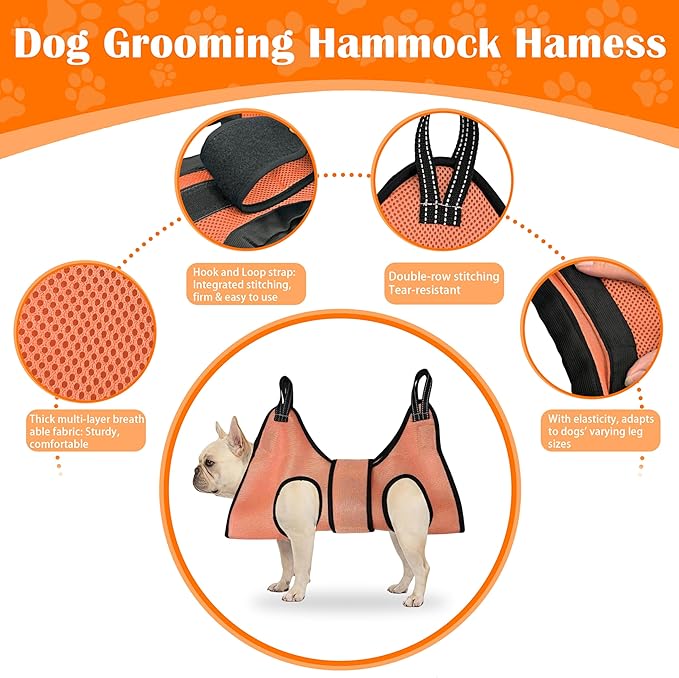 Dog Grooming Hammock Harness, with Elastic Leg Openings for a Flexible Fit, Dog Sling for Nail Trimming, Small Dogs Restraint Hanging Hanger Holder for Clipping Nails (Orange)