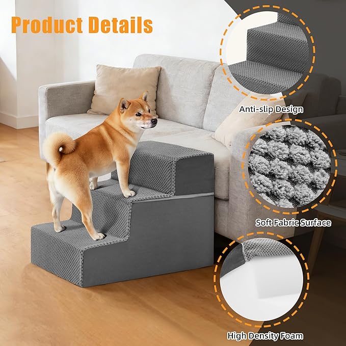 3-Step Dog Stairs for Small Dogs and Cats, 14" H Dog Steps for Couch, Sofa, Chair, Non-Slip Sturdy Pet Steps, Pet Ramp for High Bed Indoor, Grey