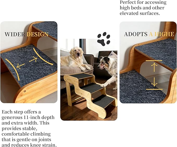 Dog Steps for Bed,Extra Wide Dog Stairs for Large Dogs，2-Step Bamboo Pet Ramp for Large Senior/Older Dogs or Pet Up to 160 Pounds Get to Couch Or High Bed (H:16 inch)