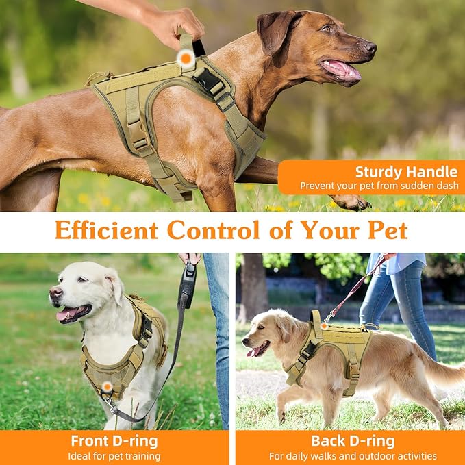 VavoPaw Heavy Duty Tactical Dog Harness for Medium Dogs, No Pull Adjustable Pet Harness Reflective Service Training Easy Control Pet Vest Military K9 Working Dog Harnesses, Army Yellow, M