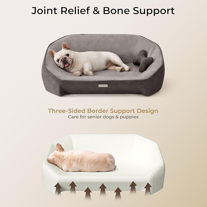 Orthopedic Dog Bed for Medium Small Dogs up to 120lbs, Extra Thick One-Piece Memory Foam Dog Bed, Never Sag Pet Sofa Couch with 3 Removable Washable Covers (Plush, Cooling, Leather) & Toy