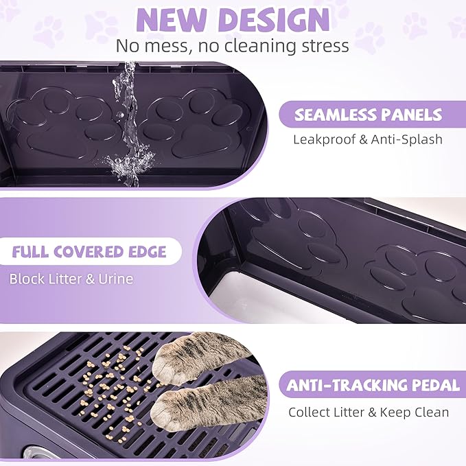 Covered Cat Litter Box with Litter Mat, Foldable Extra Large Dual Entry Adjustable Door, Drawer Design Enclosed Kitty Litter Box, Odor Control Anti-Splashing Easy Cleaning (Purple)