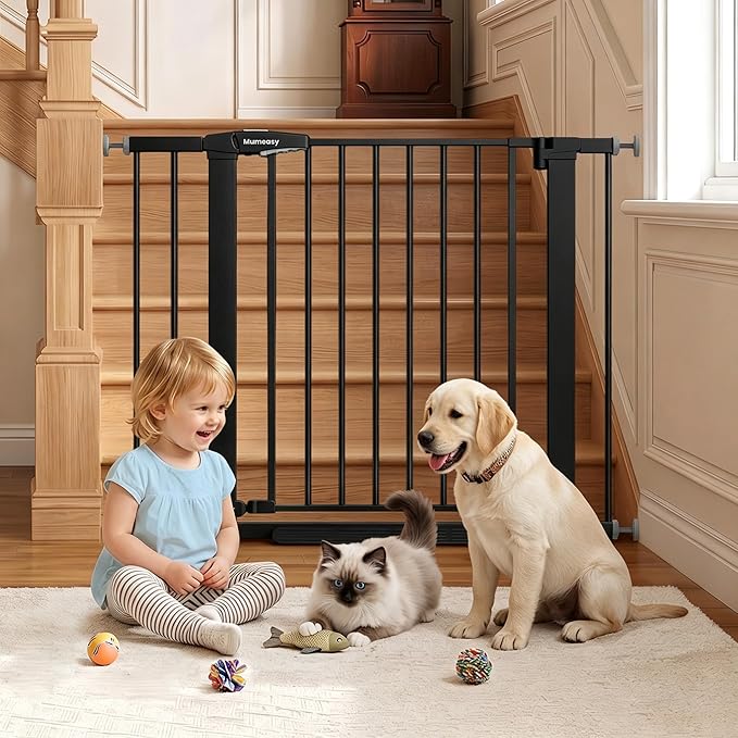 Mumeasy 29.7-40.6" Baby Gate for Stairs, Auto Close Dog Gate for Doorways, Pressure Mounted No Drill Pet Gate with Easy Walk Thru Door, Double Lock, Black