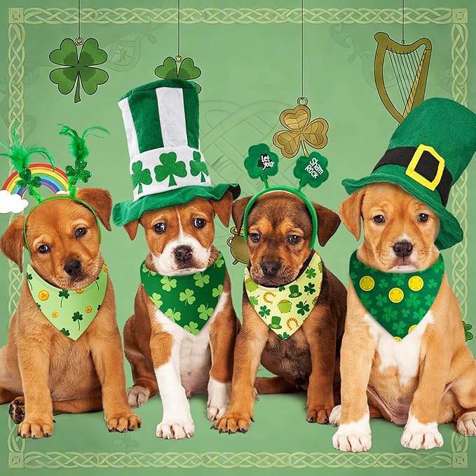 Chunful 120 Pcs St Patricks Day Bandanas Bulk for Dogs Adjustable Irish Shamrocks Clover Green Hat Plaid Triangle Soft Bibs Puppy Bandana for Small Medium Large Pet Costume(25.6 x 17.7 x 17.7 Inch)