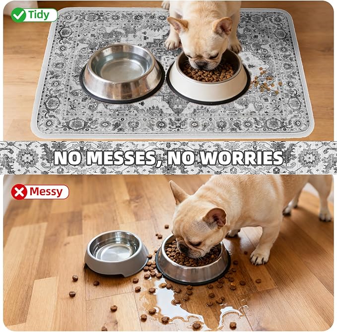 PUPTECK Dog Food Mat, Absorbent Pet Feeding Bowl Mat, Non-Slip Dog Mat for Food and Water, Quick Dry No Stains Cat Placemats Pet Supplies for Messy Drinkers, Grey 16"x24"