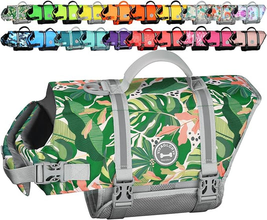 VIVAGLORY Rip Stop Dog Life Vest, Swimming Vest with Handle, Buoyancy for Doggy Puppy, Dog Life Jacket for Swimming & Boating, L, Floral