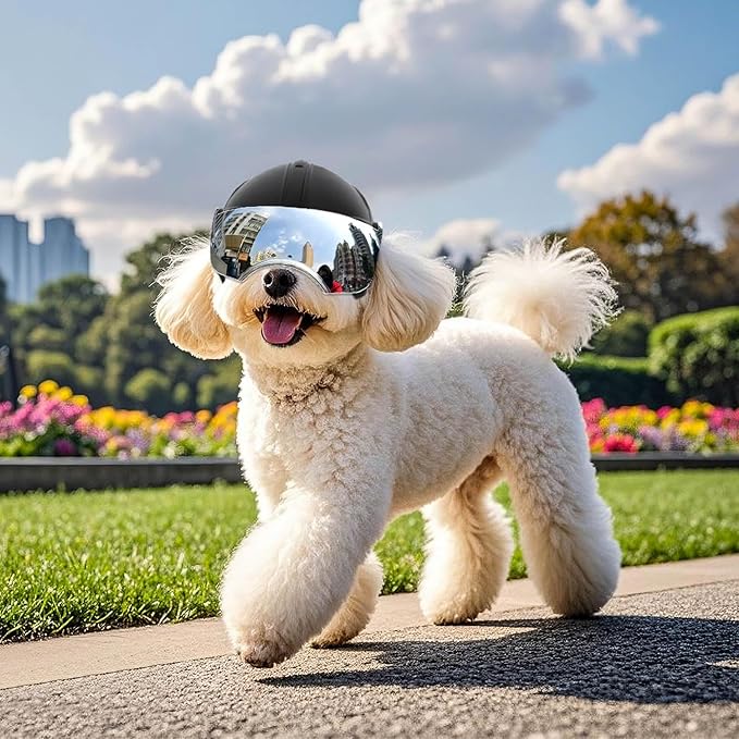 Small Dog Helmet, Pet Motorcycle Helmet with Ear Holes, Adjustable Pet Safety Hat with Flip-Up Silver Visor, Small-Medium Puppy Heads Protection, Non-Spiked