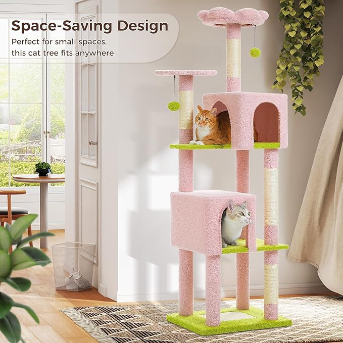 MUTTROS Flower Cat Tree, 62-Inch Tall Multi-Level Cat Tower with Scratching Posts for Large Indoor Cats, Plush Bed w/Padded Perches, Scratching Pad & 2 Green Pompoms, Pink
