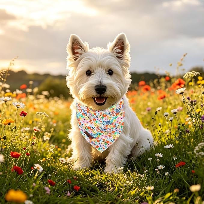 Lionet Paws Spring Summer Wildflowers Cosmos Corn Dog Bandana Washable Cotton Handkerchief Scarf Triangle White Flower Dog Bandanas for Small Medium Dogs Girl