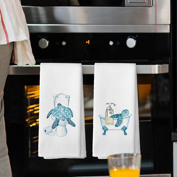 Funny Sea Turtle Bathroom Towels Set of 2, Ocean Animal Sea Turtle Hand Towel, Bathroom Restroom Washroom Decorative Tea Towel Dish Towels 16x24 Inch