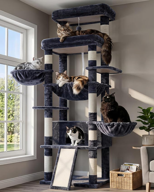 Hey-brother Cat Tree Tower, Scratching Posts with Extra Large Platform and Basket, Specious Condo, 2 Cozy Hammocks, Scratch Board for Indoor Adult Cats, Maine Coon 71.7 inches, Smoky Gray MPJ080G