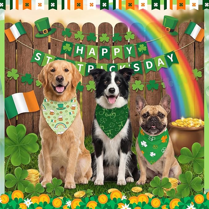 Abbylike 200 Pcs St Patricks Day Dog Bandanas Bulk Green Shamrocks Bandanas for Dogs Triangle Kerchief Bibs Scarf Set for Pet Irish Party Costume Photo Props Accessories Pet Shops Groomer, 25 Styles