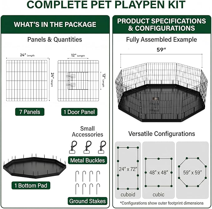 PJYuCien Octagonal Dog Playpen with Bottom Pad - Metal Foldable Exercise Pen, 8 Panels 24" H x 24" W Indoor Outdoor Pet Fence Puppy Crate Kennel, Black