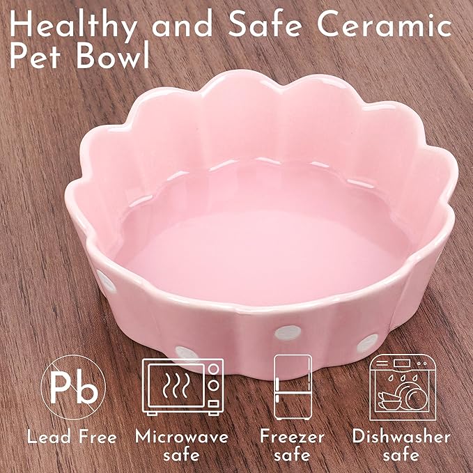 Ceramic Cat Bowl, Scalloped Edge with White Polka Dots – Pet Feeding Dish with Anti-Slip Base for Cats and Small Dogs, Pink