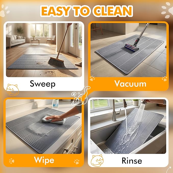 Extra Large Cat Litter Mat 47" x 35" Silicone Litter Trapping Mat for Scatter Control, Catcher for Kitty Litter, Non-Slip Waterproof Floor Protector, Easy to Clean, Gray