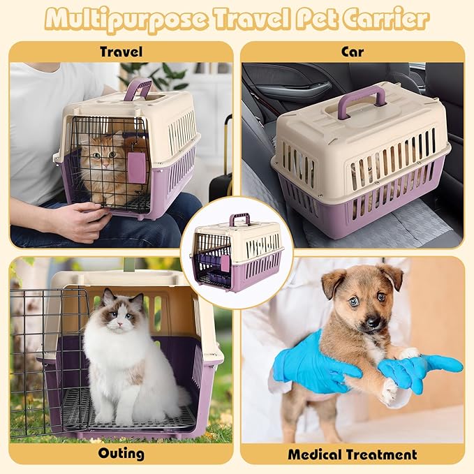 2 Set Hard Plastic Pet Carrier Breathable Dog Cat Kennel with Metal Door Bowl Grille Mat Pet up to 14 Lbs Carrier for Walking Camping Vet Visits Travel, 17.3"L x 11.8"W x 10.6"H(Purple White)