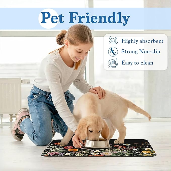Vintage Wild Herbs Dog Cat Food Mat–Absorbent Waterproof Placemat for Food and Water Bowls, Non Slip Rubber Backing, Feeding Mat for Clean Floors 16"x24"
