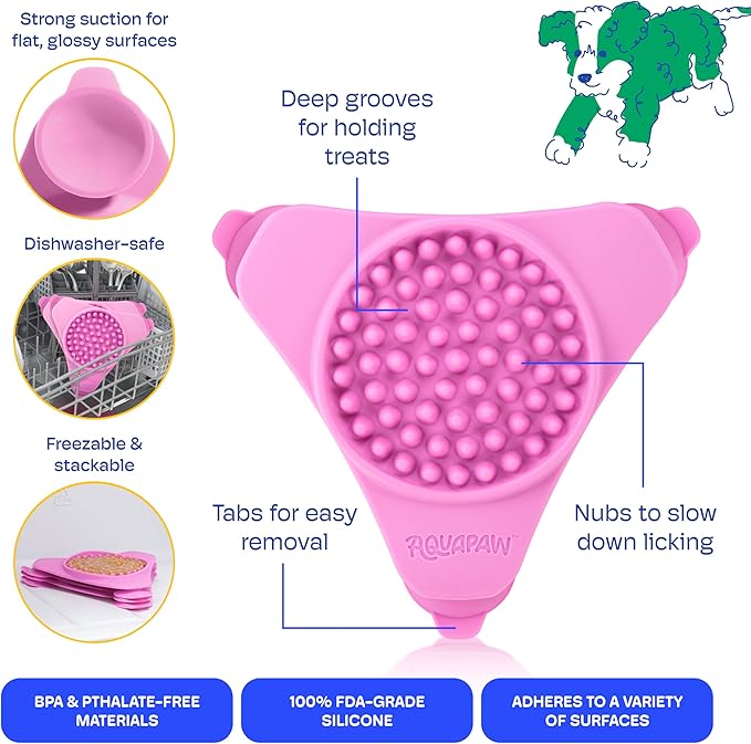 Aquapaw Anti-Slip Dog Lick Mat - Suction Cup Slow Feeder Pad - Calming Bath & Grooming Aid - Mental Stimulation Treat Toy - Pink