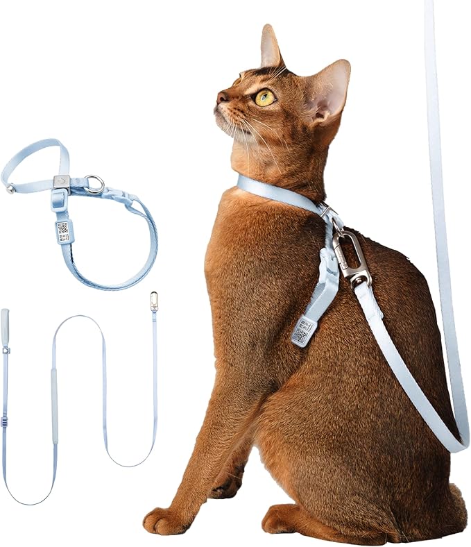Cat Harness and Leash Set, Escape Proof Figure 8 Cat Harness Adjustable Anti-Choke Quick Release w/QR Tag, Soft Thin Crossbody/Waist Leash and Harness Set for Cats≤22lbs (Sierra Blue, M)