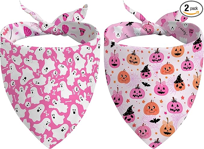 Halloween Dog Bandanas Reversible 2 Pack, Pink Pumpkin Ghost Bat Cute Halloween Pet Bandanas for Dogs Adjustable Triangle Holiday Scarves for Medium Large Extra Large Boy Girl Dogs