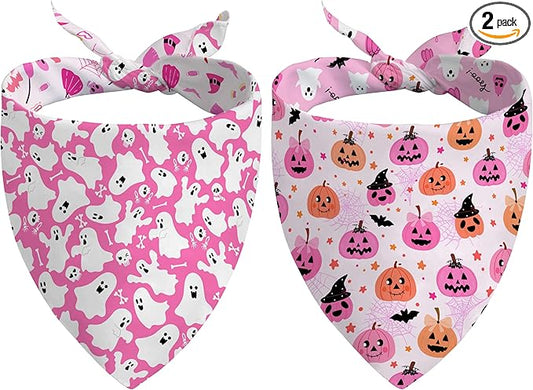 Halloween Dog Bandanas Reversible 2 Pack, Pink Pumpkin Ghost Bat Cute Halloween Pet Bandanas for Dogs Adjustable Triangle Holiday Scarves for Medium Large Extra Large Boy Girl Dogs