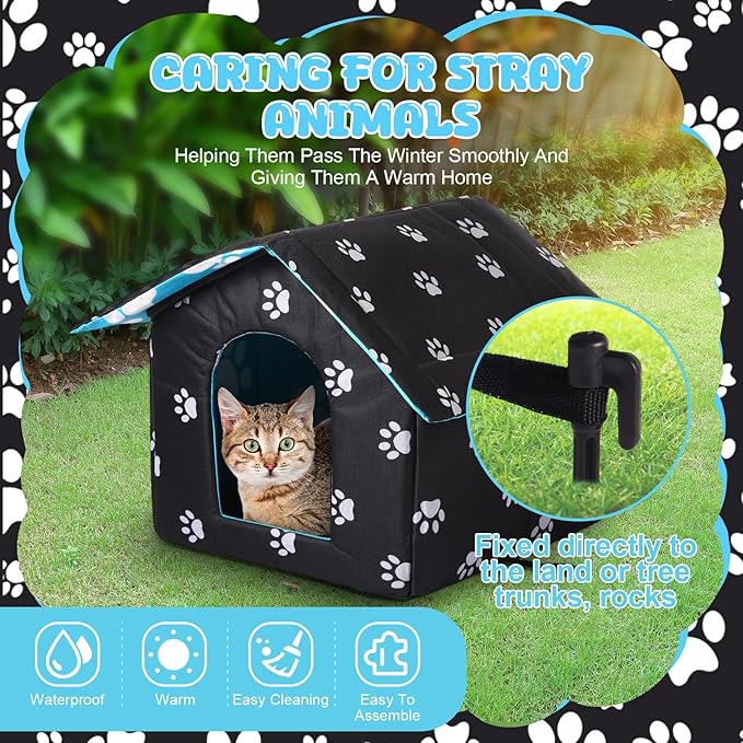 Outdoor Waterproof Cat House Stray Pet Outdoor Houses for Feral Shelter for Cats Dog Collapsible Pet Shelter with Self Warming Pad Blanket, 3 Pcs Tent Stakes(M Size)