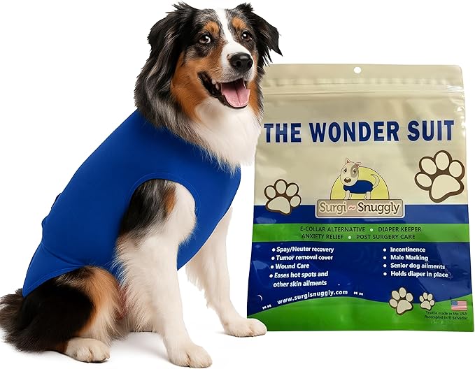 SurgiSnuggly Veterinary Invented Dog Surgical Recovery Suit for Female Spay or Male Dogs Neuters Onesie,Cone Alternative,The Original Onesie Bodysuit for After Surgery 2XL and Giant Dogs Blue 2XL EC