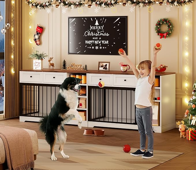 IDEALHOUSE 47” Large Dog Crate, Dog Kennel Indoor with 2 Drawers and 4 Shelves, Dog Crate Furniture TV Stand, Wooden Dog Cage for Medium Large Dogs, White