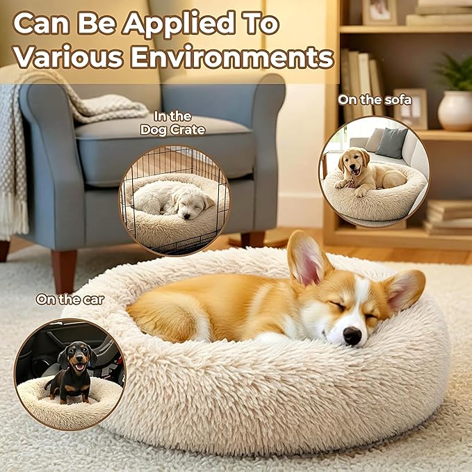 Calming Donut Dog and Cat Bed for Indoor Cats, Anti-Anxiety Round Fluffy Soft Washable Small Pet Bed for Puppy and Kitten, Warming Comfortable Luxury Anti-Slip Waterproof Mute Base 20in Light Brown