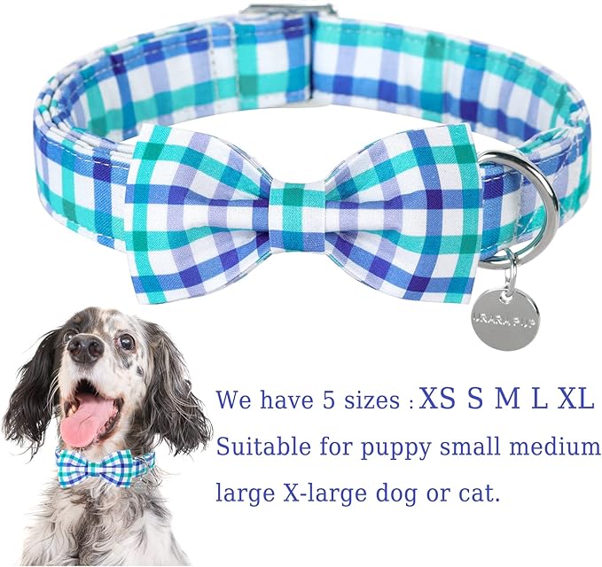 Dog Collar Bow Tie, Comfortable Durable Cotton Bowtie Collar for Small Girl Boy Dog, Adorable Dog Collar with Metal Buckle, Blue Grid Gift Collar, S