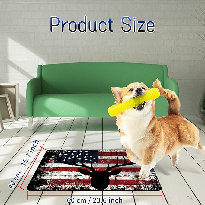 Dog Food Mat, 15.7" x 23.6" Absorbent Pet Feeding Mat for Food and Water, Waterproof Diatom Mud Pet Placemat with Non-Slip Rubber Backing, Easy Clean Cat Bowl Mat for Floors - Deer Flag