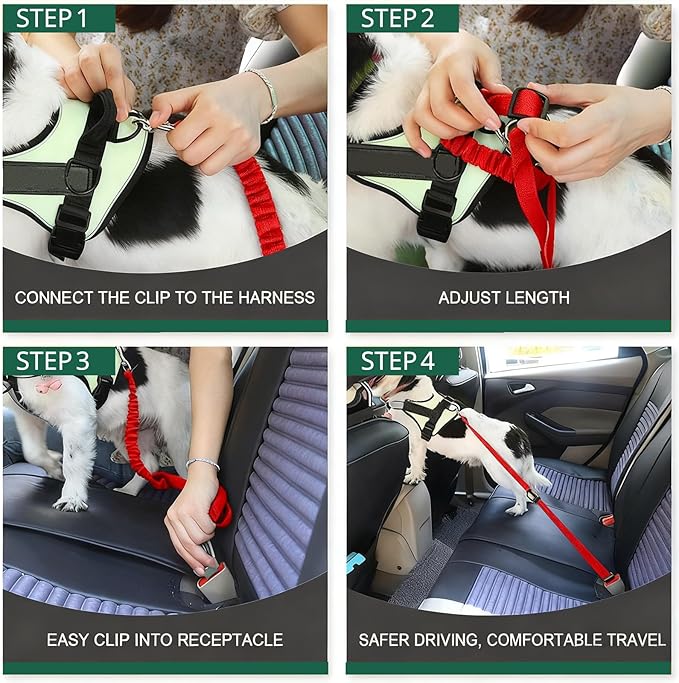 Dog Seat Belt for Car, Adjustable Dog Car Harness, Reflective Dog Seatbelt Leash with Elastic Bungee Buffer, Durable Nylon Pet Safety Dog Seat Belt for All Dog Sizes (Red)