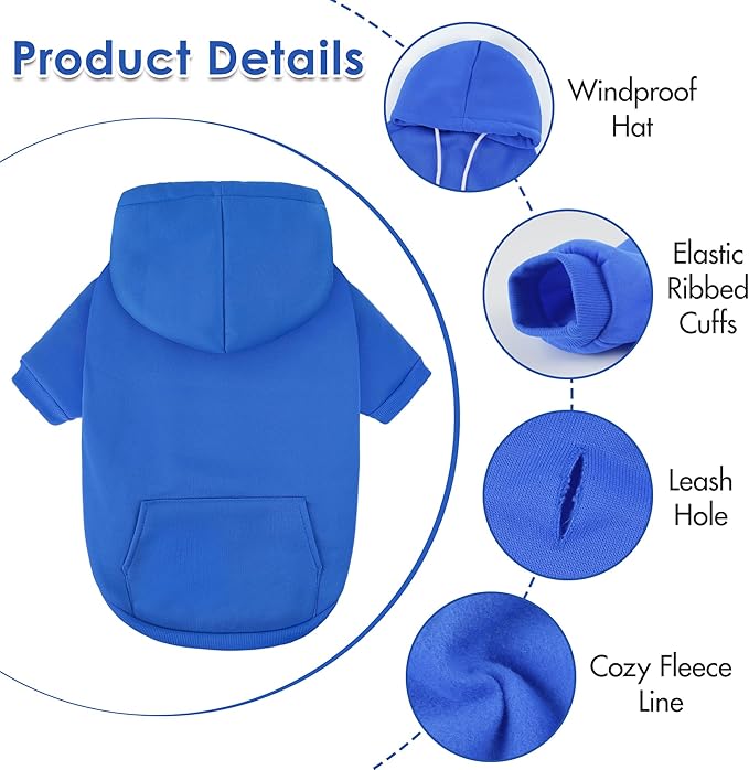 Dog Basic Hoodie Soft Dog Clothes Cold Weather Sweaters for Medium Large Dogs Cozy Fabric Warm Sweatshirt with Leash Hole for Boys (Blue, Small (5-10 lbs))
