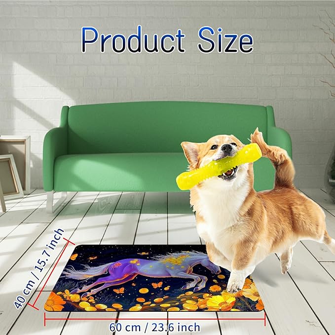 Dog Food Mat, 15.7" x 23.6" Absorbent Pet Feeding Mat for Food and Water, Waterproof Diatom Mud Pet Placemat with Non-Slip Rubber Backing, Cat Bowl Mat for Floors - Yellow Flower Horse