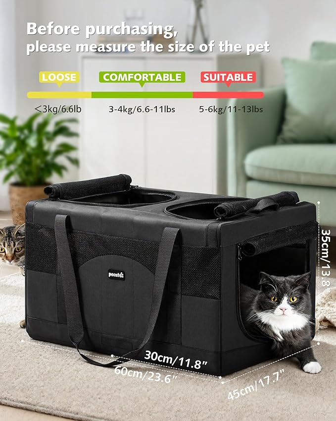 Pecute Dual Compartment Pet Carrier for Multi-Cat Families & Small Dog Owners, Collapsible Dog Crate with Reinforced Steel Frame, Car Safety Design for Travel, Vet Visits & Home Use, Dark Gray
