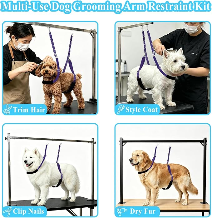 ASOCEA Dog Grooming Belly Strap Belly Band & Loop 3 Sets Adjustable Dogs Groomer Extension Strap for Pet Grooming Tables Arms Bathing Restraint Leash for Small & Medium Dogs(Purple)