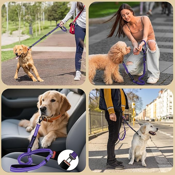 Heavy Duty Tactical Dog Leash, 4-6FT Shock Absorbing Bungee Lead with 2 Padded Handles, Metal Carabiner & Seatbelt Clip, Reflective No-Pull Leash for Medium/Large Dogs Purple