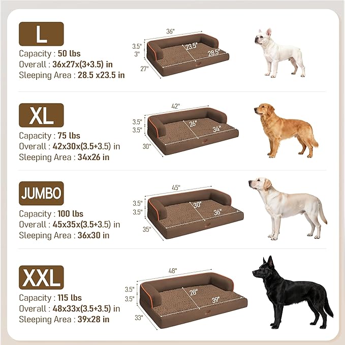 Comfort Expression Extra Large Dog Bed - XXL Orthopedic Washable Bed for Big Dogs - Waterproof Pet Couch Bolster with Removable Non-Slip Cover, 48 x 33
