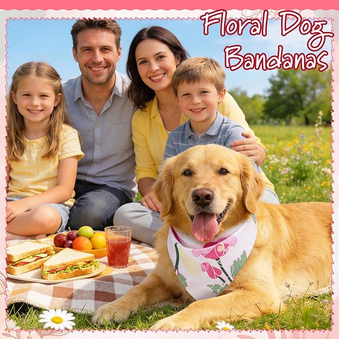 Huhumy 100 Pcs Spring Floral Dog Bandanas Bulk Pet Bibs Colorful Triangle Scarf Floral Pet Bandanas for Medium Large Dogs Spring Summer Birthday Costume Decoration