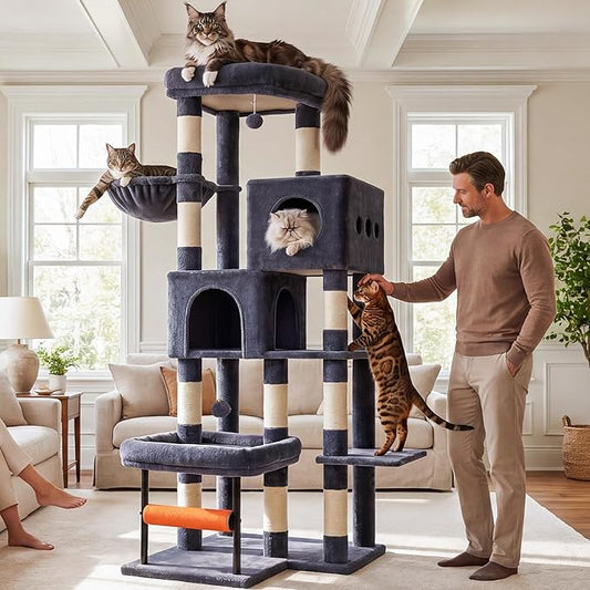 Hey-brother Cat Tree, 68.5 inch Cat Tower with L-Shaped Extended Base, Multi-Level Plush Furniture with 2 Spacious Candos, 2 Platforms, 11 Scratching Posts, Hammock and Toy Ball, Smoky Gray MPJ086G