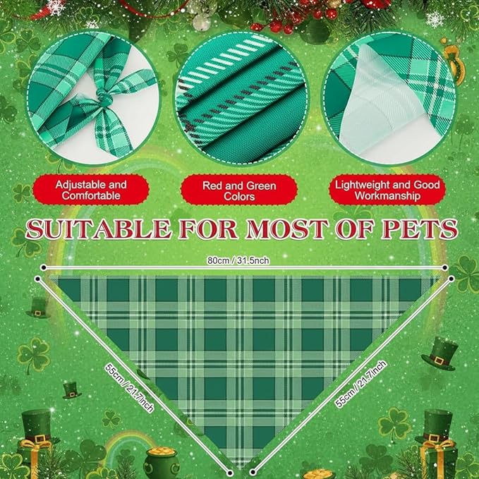 Abbylike 100 Pcs St. Patrick's Day Dog Bandanas Bulk Green Plaid Bandanas for Dogs Triangle Kerchief Bib Scarf for Pet Irish Holiday Costume Photo Props Accessories (31.5 x 21.7 x 21.7)