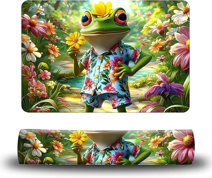 Dog Food Mat, 15.7" x 23.6" Absorbent Pet Feeding Mat for Food and Water, Waterproof Diatom Mud Pet Placemat with Non-Slip Rubber Backing, Cat Bowl Mat for Floors - Frog Flower Summer